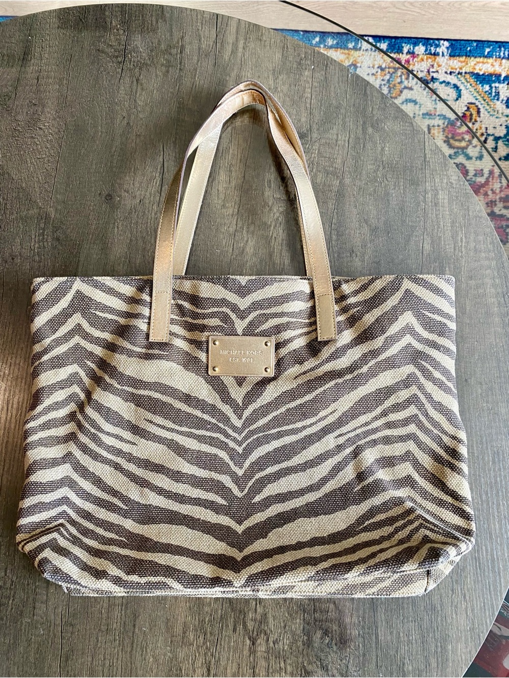 Michael Kors Neutral Zebra-Print Canvas Tote with Metallic Handles